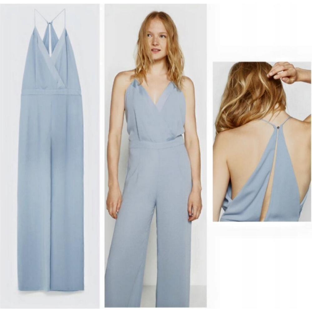 Zara Basic Light‎ Blue Surplice Wide Leg Loose Sexy Back Jumpsuit Size M